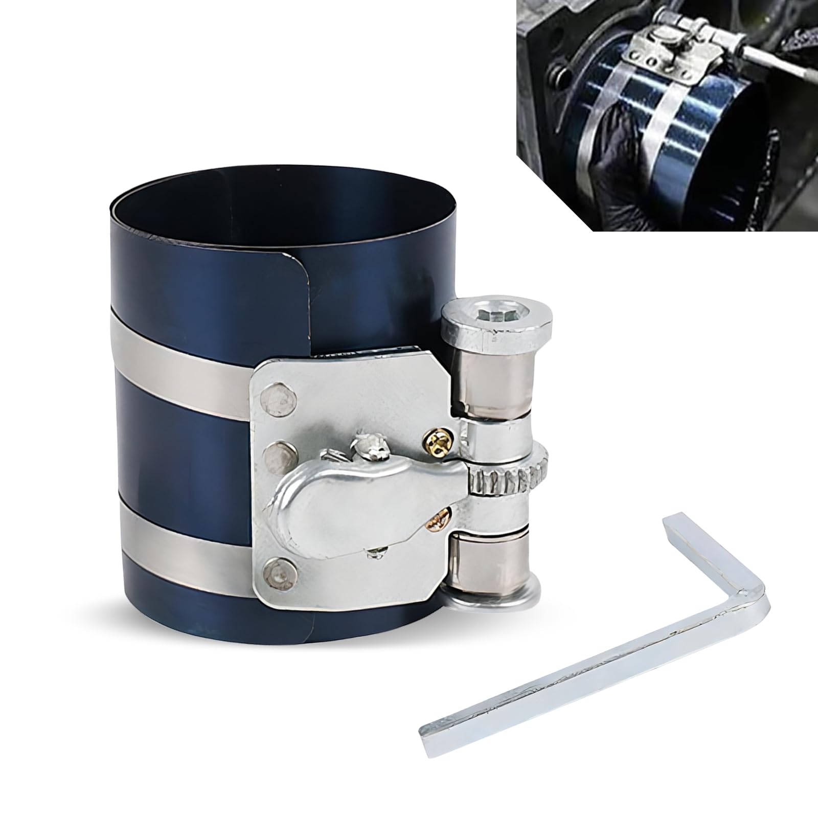 1 PC Automotive Piston Ring Installation Tool, 2.08"-6.88" Adjustable Ratchet Piston Ring Compressor, Piston Spreader Pliers with Wrench, Universal for Cars Professional Repair Tool (Blue)