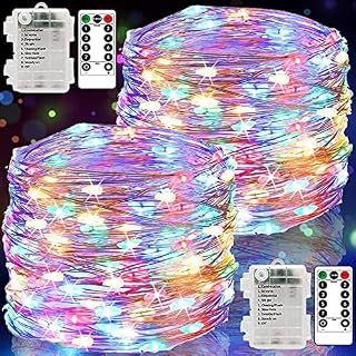Fairy Lights Battery Operated, 2 Pack 12M 120 LED String Lights Copper Wire Lights with Remote 8 Modes Waterproof Decorative Lighting for Outdoor/Indoor Bedroom Party Wedding Christmas(Multicolor)
