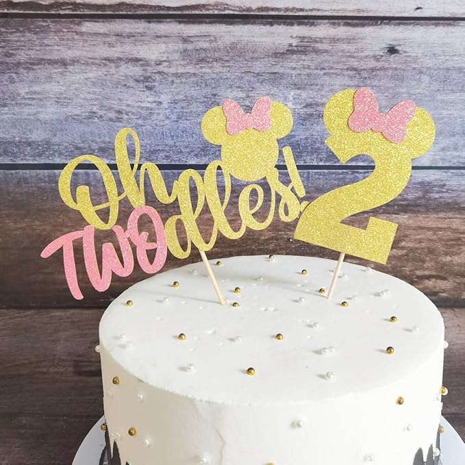 Image of Oh Twodles Cake Topper | 2nd Birthday Party Pink and Gold Glitter Cake Topper | Second Birthday Photo Props | Party Decoration Supplies | Mini Girl Cake Decoration