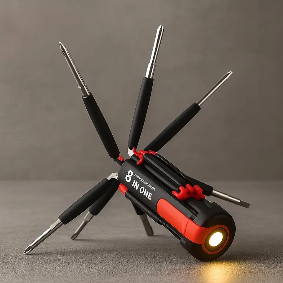 Kit Chave De Fenda E Phillips 8 Em 1 Com LED Integrado, Dobrável, Portátil, Compacto, Ideal Para Reparos Domésticos E Emergências, Marca VARENZIA