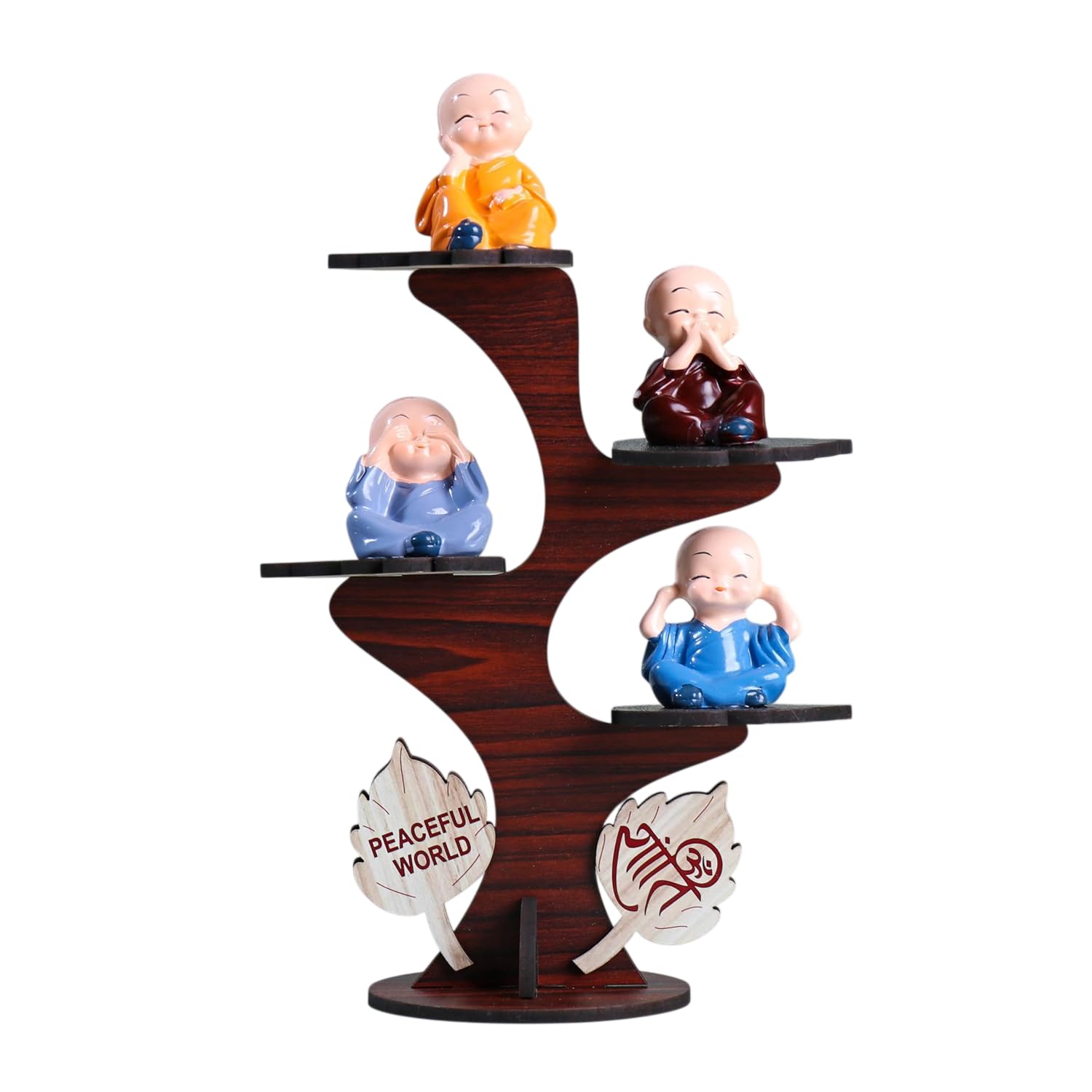 Buddha Monk Figurines - Decorative Set with Wooden Stand -1 Buddha Monk Figurines - Decorative Set with Wooden Stand -1
