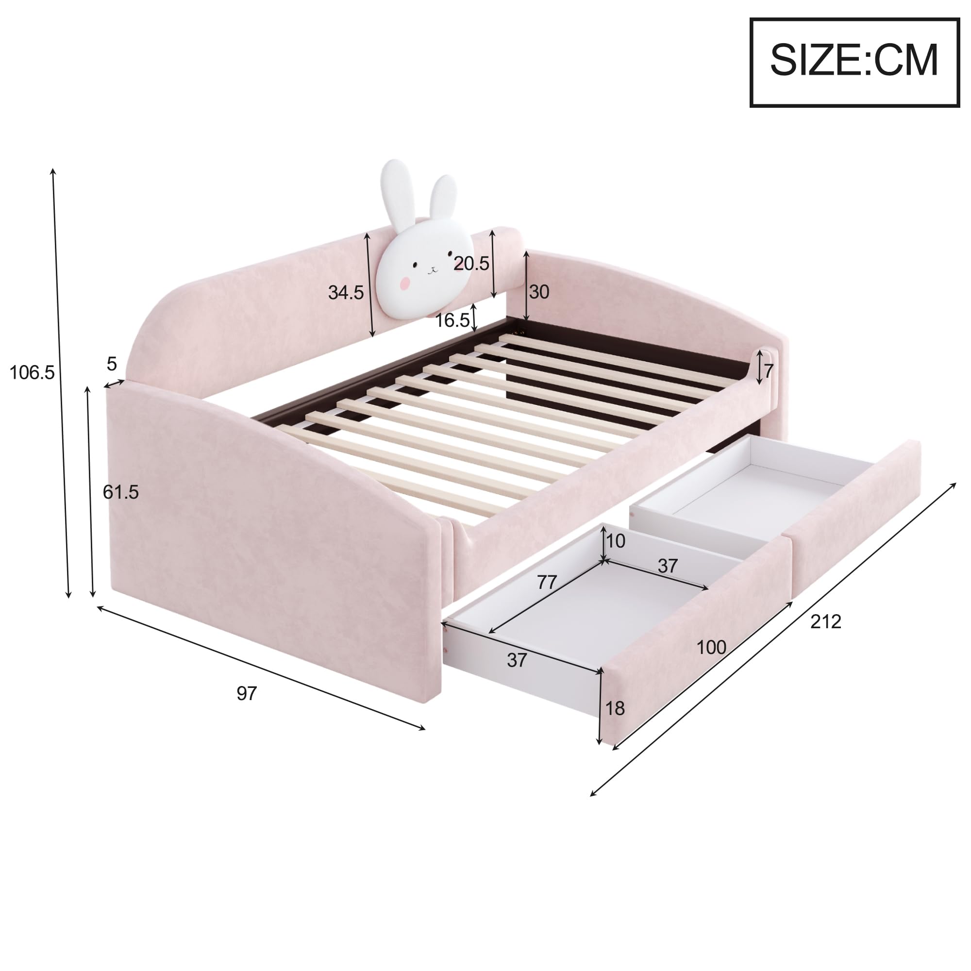 Sofá cama infantil de 90 x 200 cm con dos cajones debajo de la cama, respaldo con cojín para conejos, reposabrazos acolchados, cama para niños y niñas, tela de terciopelo, color rosa