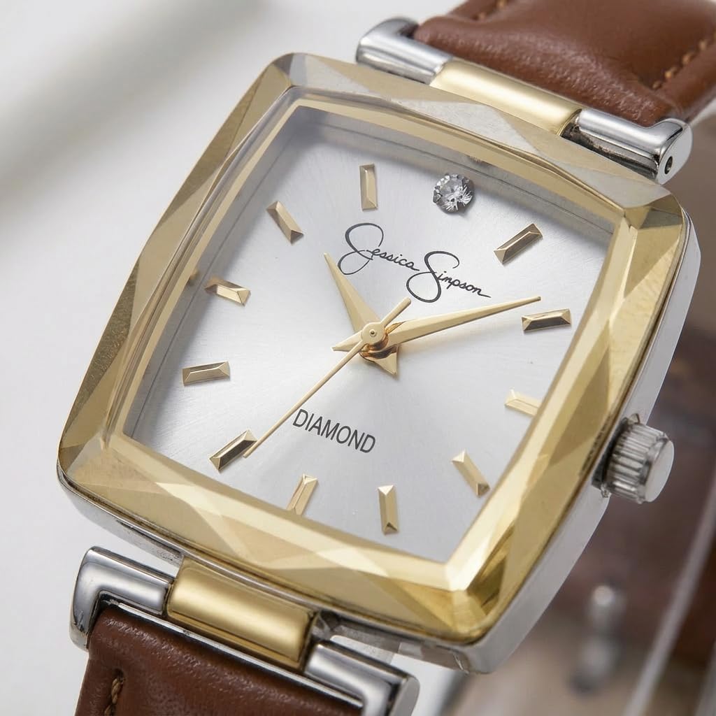 Jessica Simpson Diamond Collection Women's Square Dial Watch, Leather Strap, Classic Quartz Movement, Elegant Dress Watch