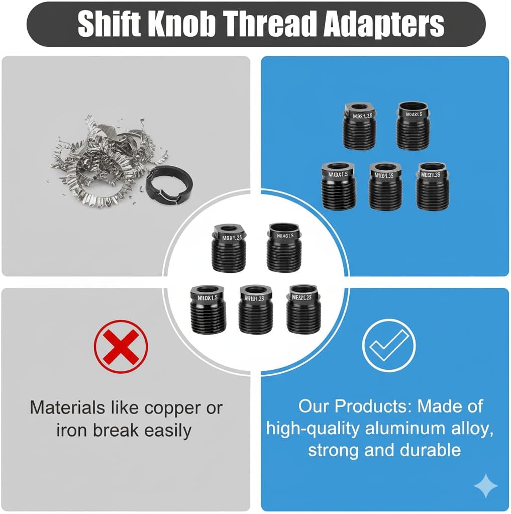 5PCS Shift Knob Adapter,Aluminum Alloy Shift Knob Replacement, M8×1.25,M8x1.25 M10x1.25 M10x1.5 M14x1.5 M12x1.25 Shift Knob, Easy Installation for Cars, Trucks, and SUVs