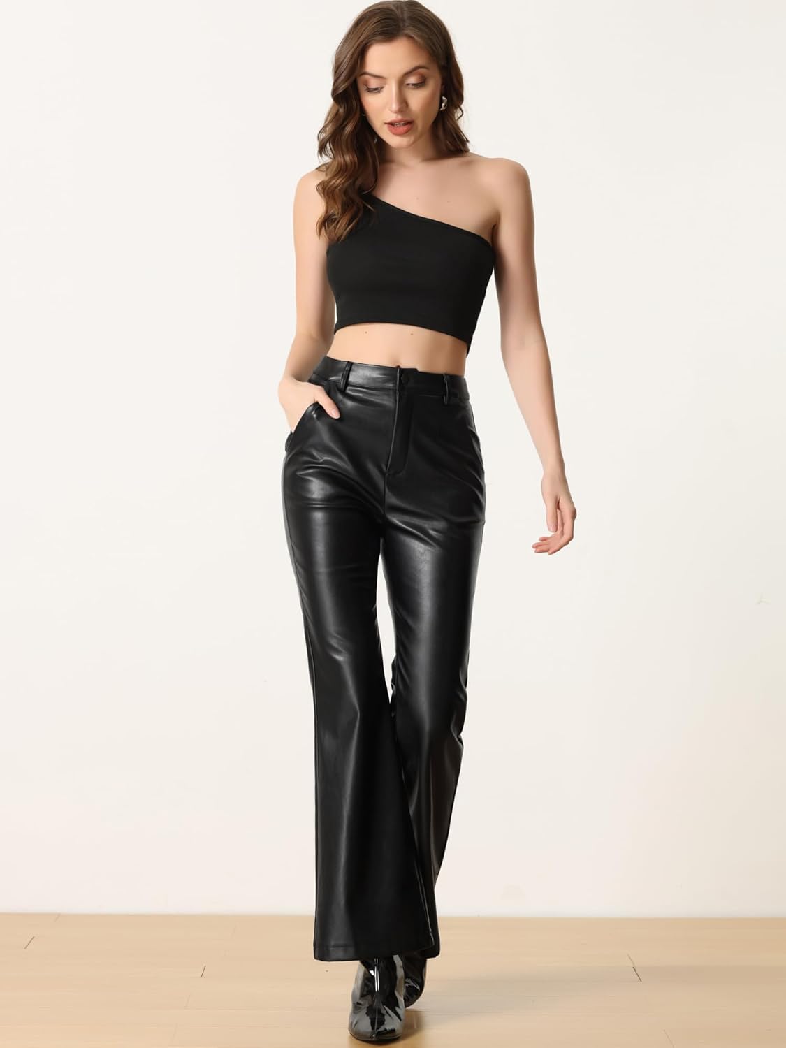 Allegra K Faux Leather Casual Pant for Women's High Waist Bell Bottom Flared Long PU Trouser - Image 4