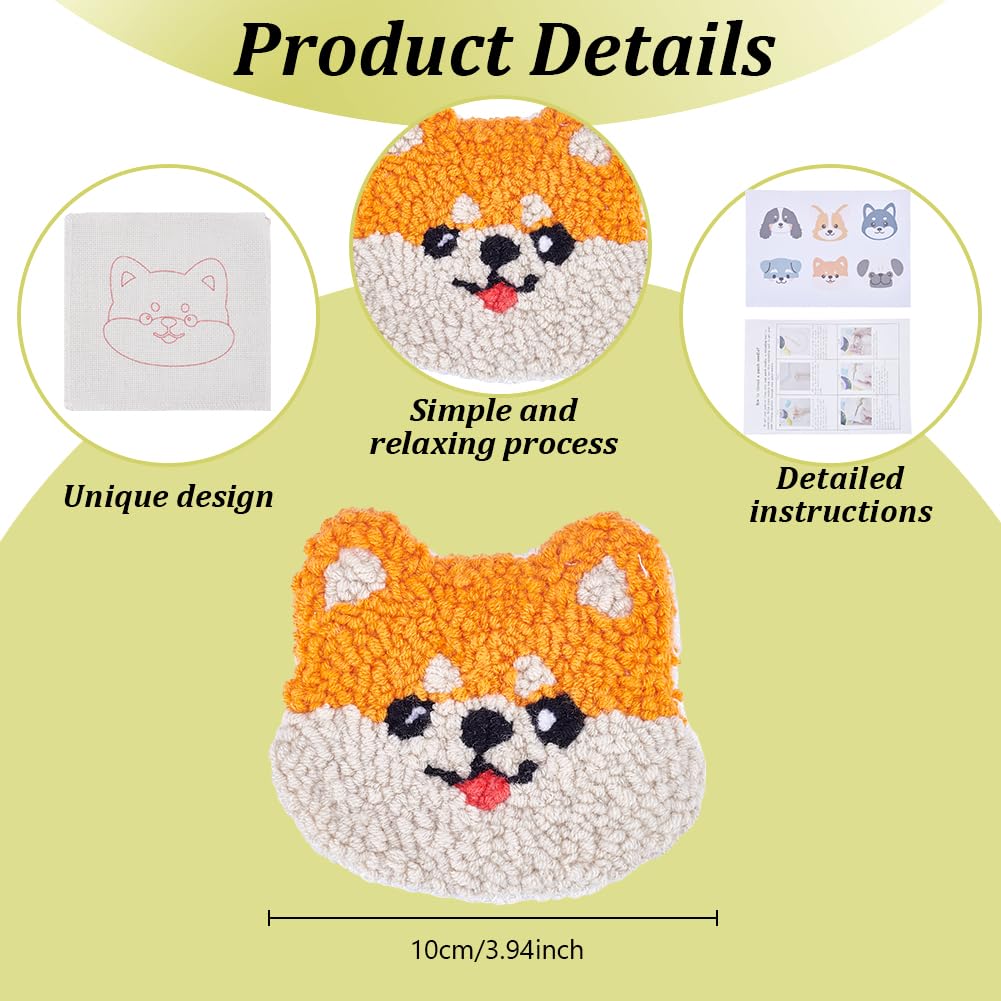 ORIGACH 6 Stück Stanznadel Untersetzer Starter Kit für Anfänger mit Anleitung, DIY Punch Needle Handwerk Stickerei Kit mit Filz Garne Stanznadelstoff, Welpenmotiv