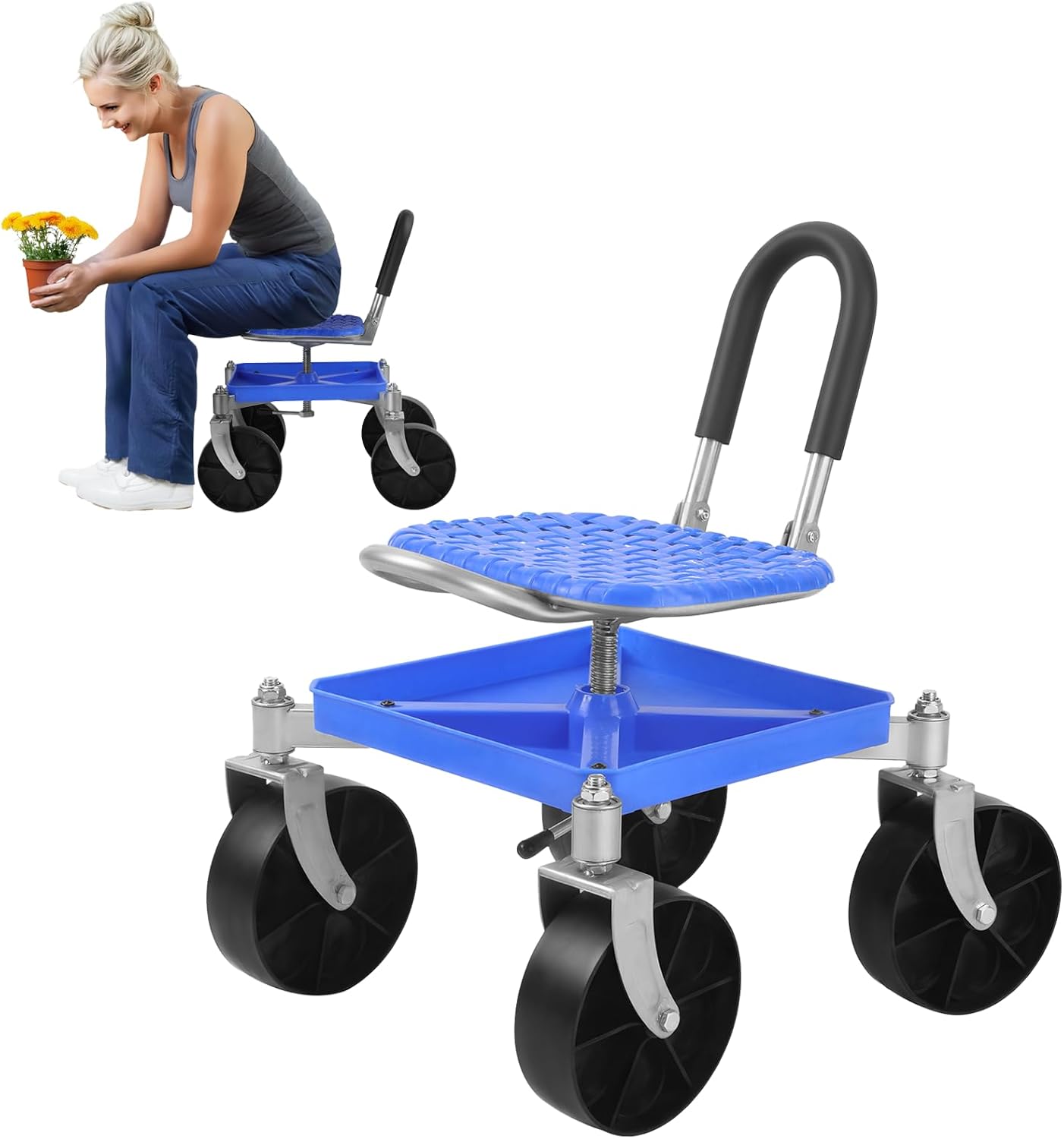 Rolling Garden Work Seat with Wheels, Height Adjustable Rolling Garden Cart, 360 Degree Swivel Gardening Stool with Tool Tray, Rolling Work Seat for Gardeners Elderly Seniors Blue