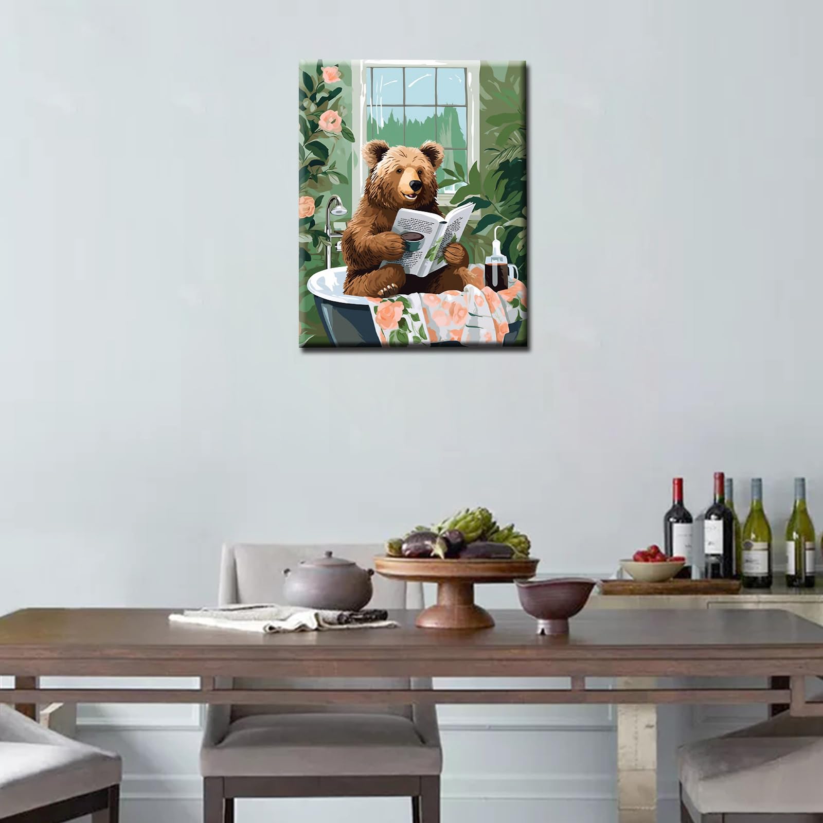 Bear Reading Book in Bathtub 1P Canvas Room Wall Creative Pictures Animal Poster Prints Bathroom Cute Bear Artwork Funny Bathroom Living Room Home Decor Framed Gallery-Wrapped Ready to Hang 16x24inch - Image 2