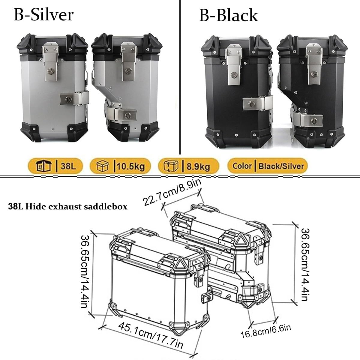 Negro/Plata Baúl Lateral para Motocicleta Maleta Lateral para Motocicleta Caja Trasera De Aluminio para Moto Alforjas para Moto 38L(Silver,450X366X227 MM)
