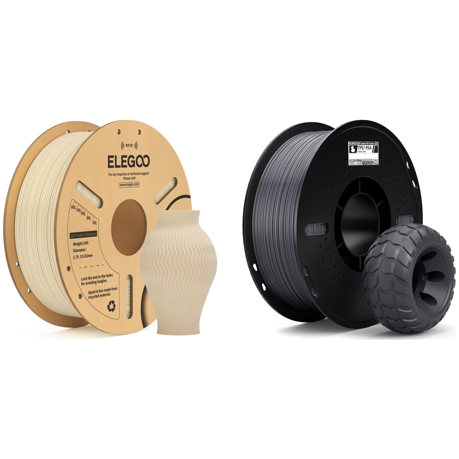 ELEGOO 1.75mm PLA Filament Beige 1KG & TPU 95A Filament Gris 1KG