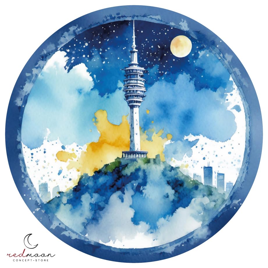 Générique Tapis de Souris Corée du Sud, Hanguk, Rond 20 cm, Anti-bactérien, Tour Namsan, Hanok, Yin Yang, Lune, Montagne, Drapeau corée du sud, Fleur de Cerisier (TSCDSN1)