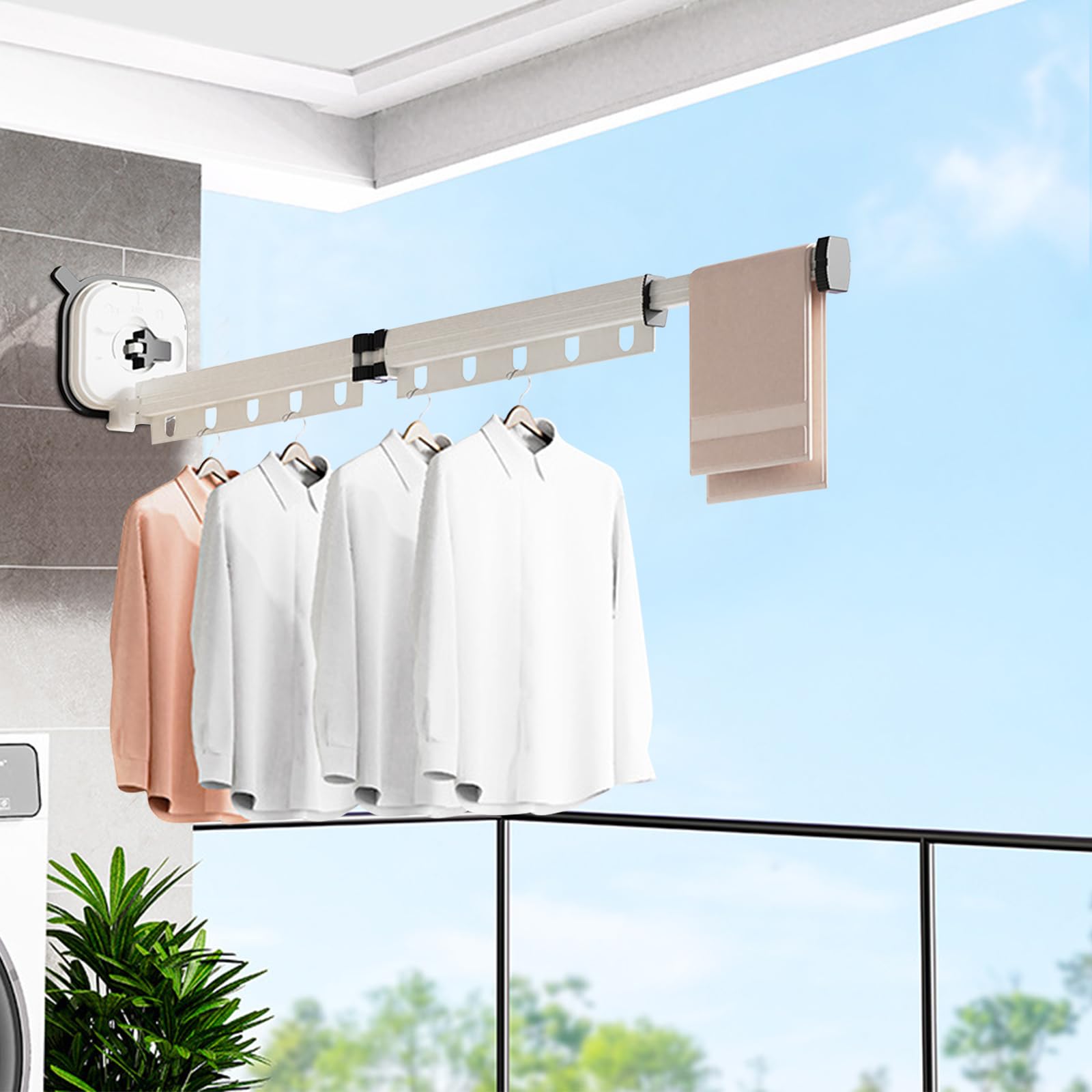 Stendibiancheria Da Parete Girevole E Pieghevole In Alluminio – 126 Cm, Grigio, Con Ganci Antivento - 4