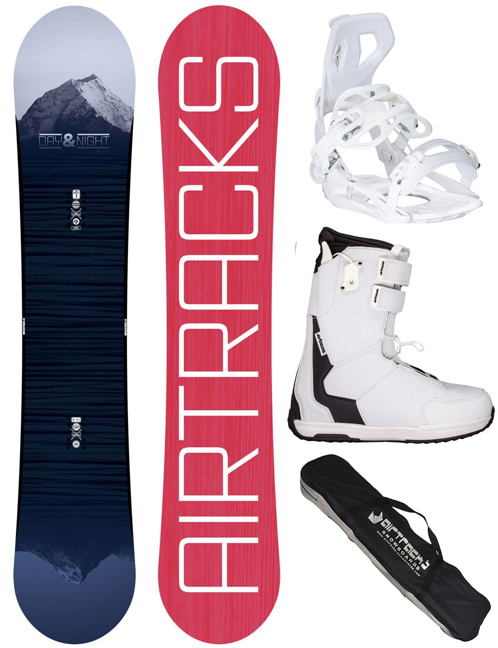 AIRTRACKS Snowboard Set Pack Planche Day & Night Hybrid Rocker + Fixations Master W + Chaussures + SB Sac 138 144 148 154 cm
