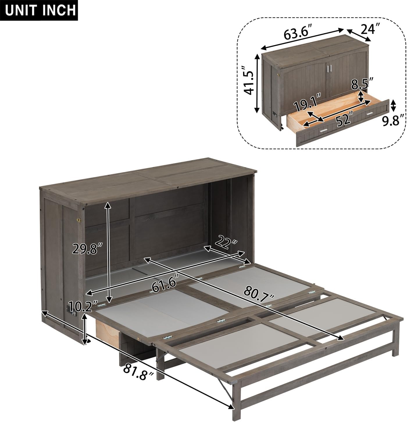 Diagram showing the dimensions of the Polibi Queen Size Murphy Bed in both closed cabinet and open bed configurations.