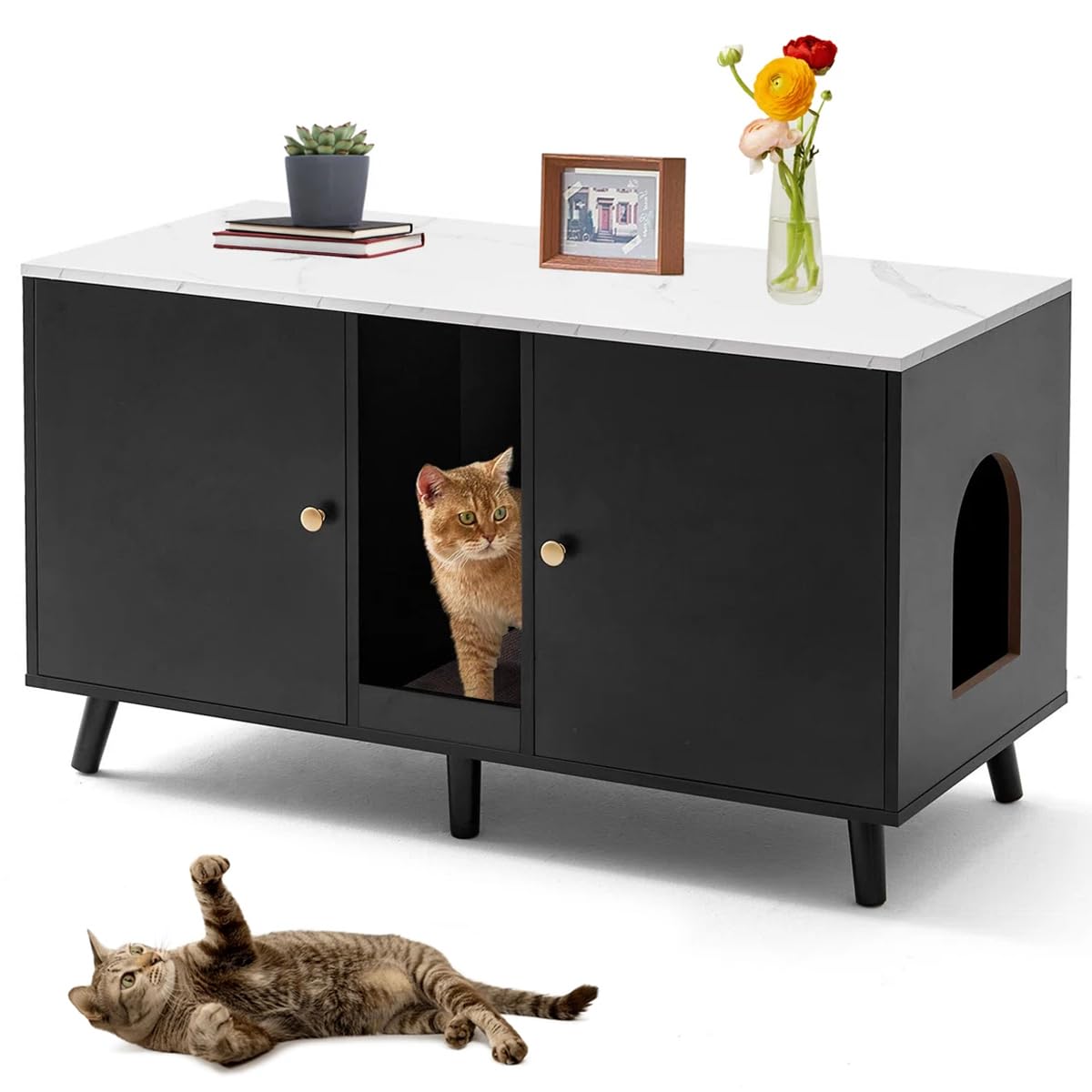 Litter Box Enclosure for 2 Cats - Hidden Litter Box Cabinet TV Stand Litter Box Side End Table Furniture with Scratching Pad, Black