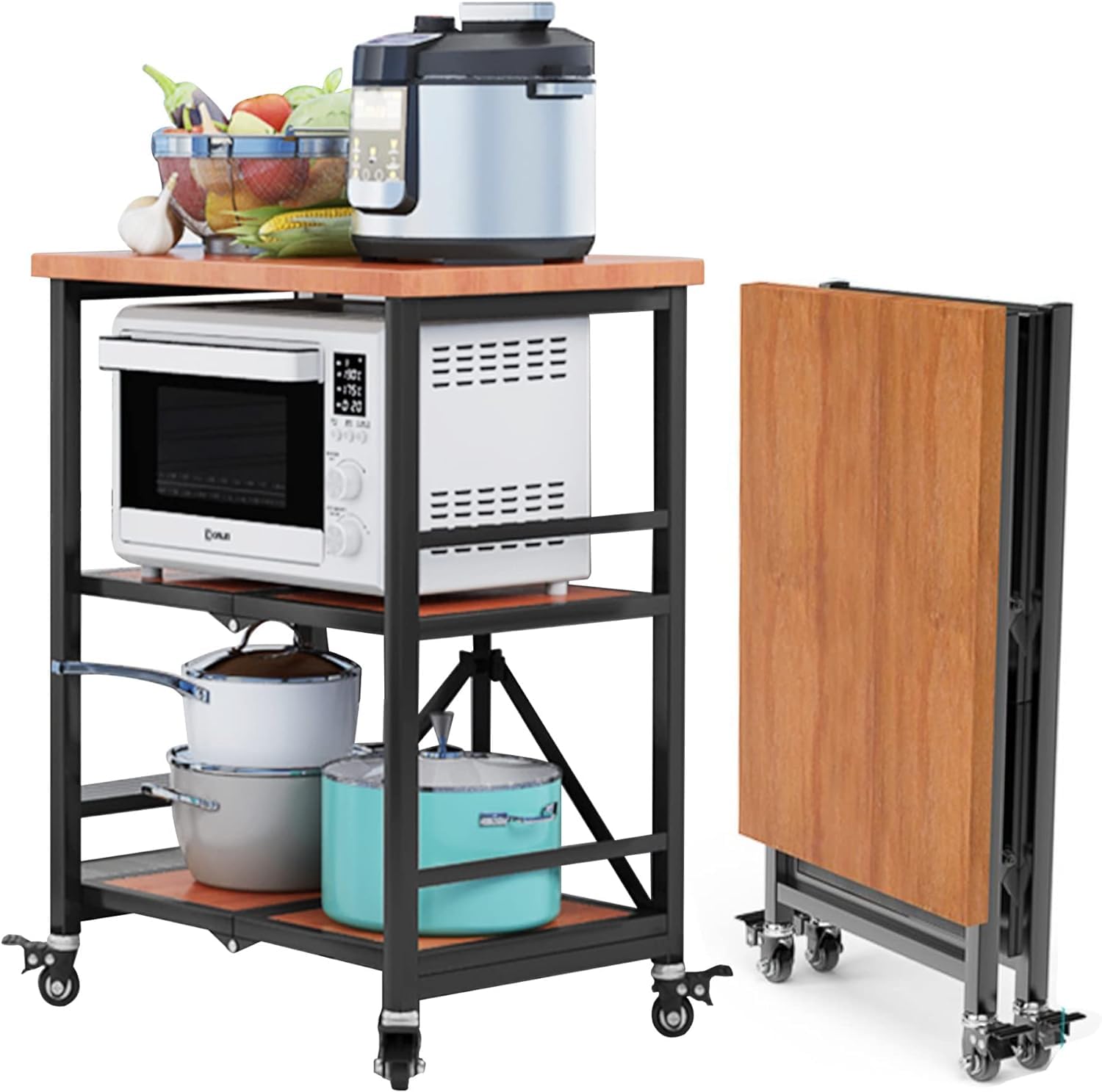 Carrello da cucina con contenitore, 3 ripiani, carrello multiuso con piano in acciaio inox e ruote di bloccaggio