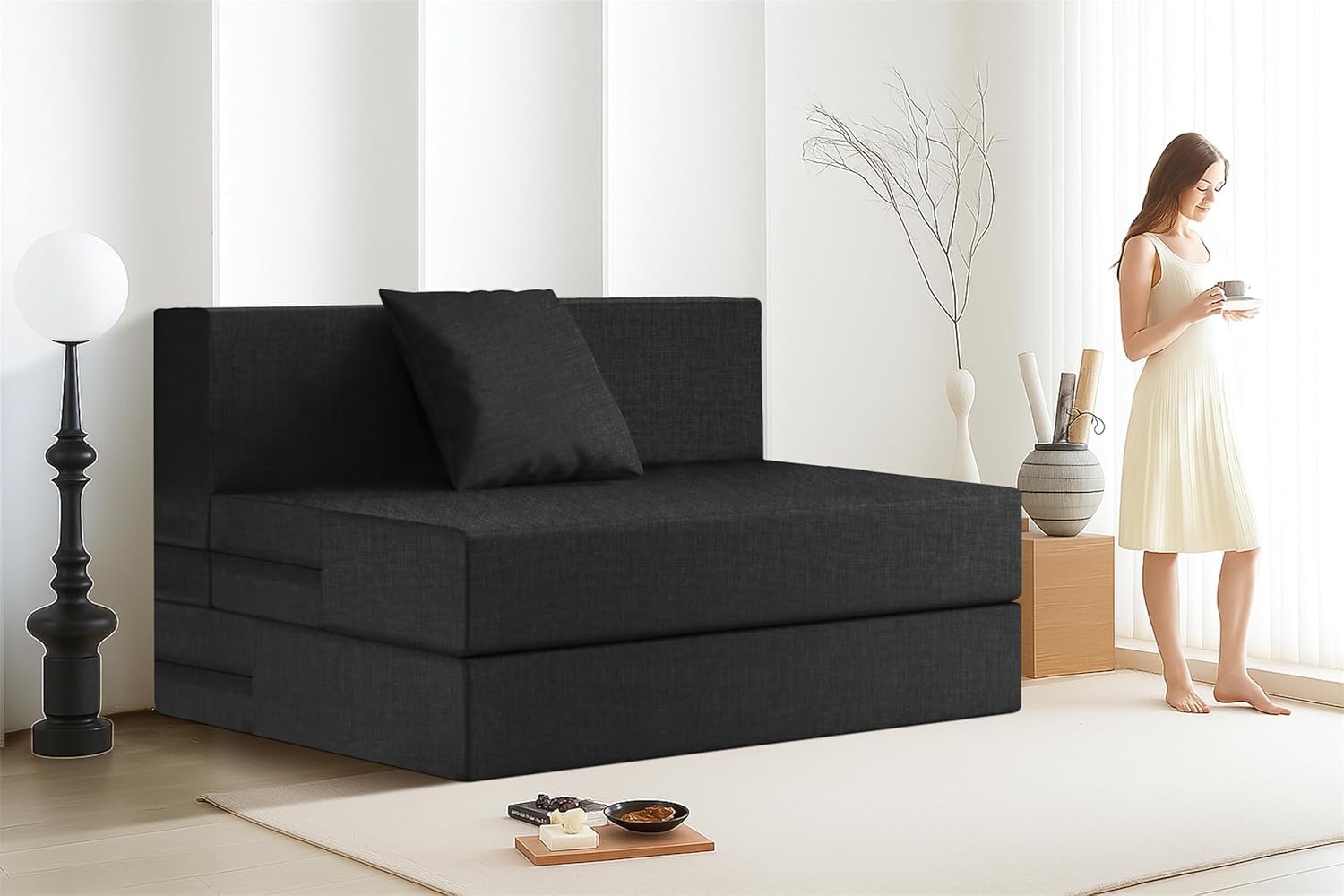 Rosebell Lightweight Easy One Person Sofa Cum Bed Jute Fabric- Washable Cover- Including 1 Cushion - Size 3' X 6' Ft Perfect for Home for Guests - Black Color-image-6