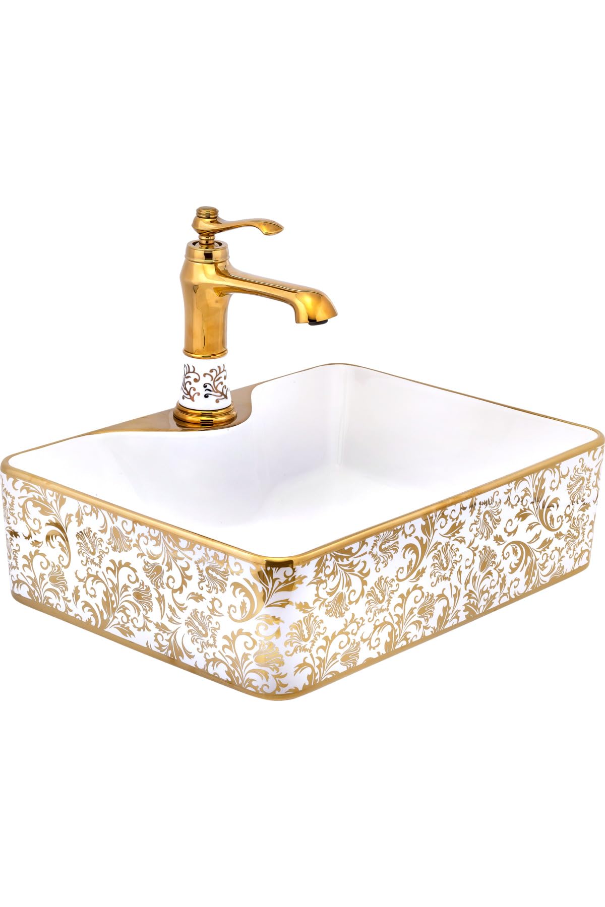 Vessel Sink Gold White Square Design Ceramic Bathroom Above Counter Basin (Faucet Not Included) - White, One Size