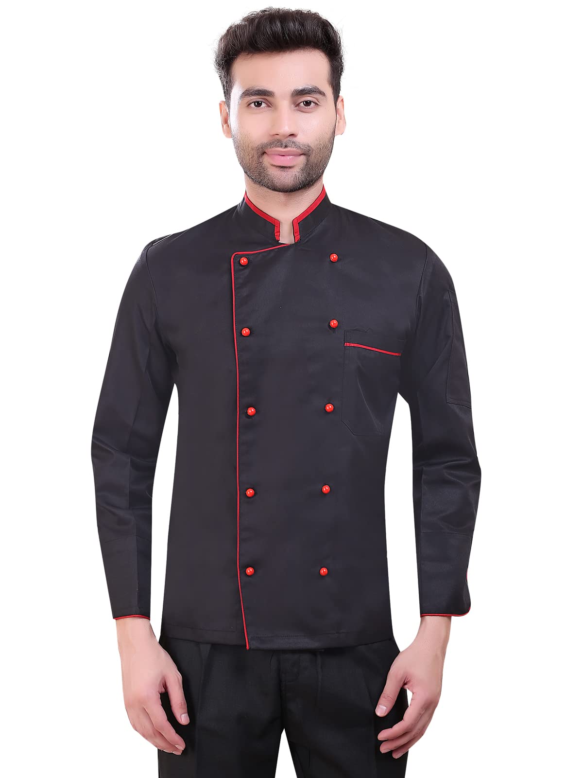 click one Men's And Women's Black Chef Coat (Contrast,PolyCotton,)-picture-33