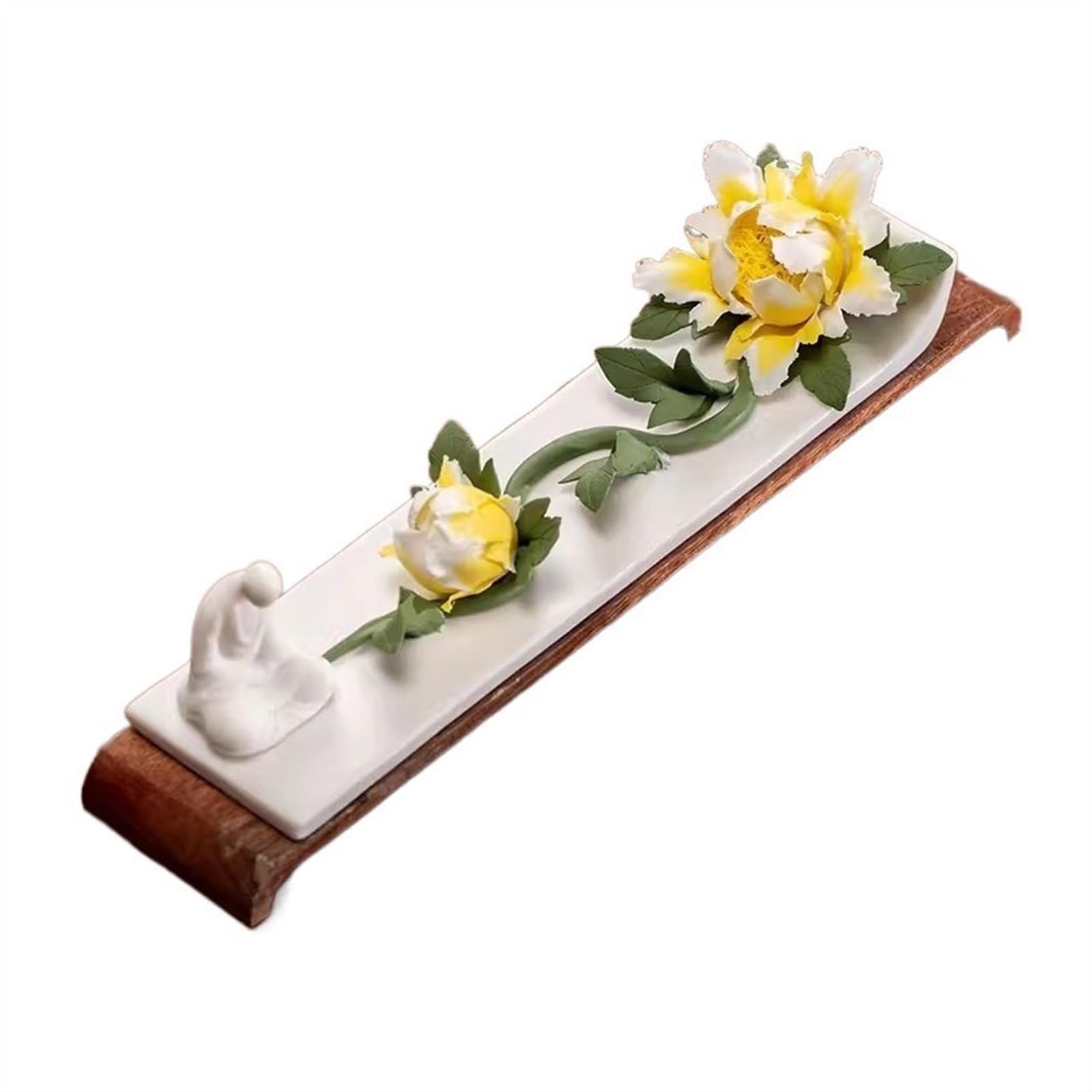 incense burner Exquisite Ceramic Flower Shaped Incense Burner Indoor Zen Line Tray Wooden Chassis Incense Holders(C)