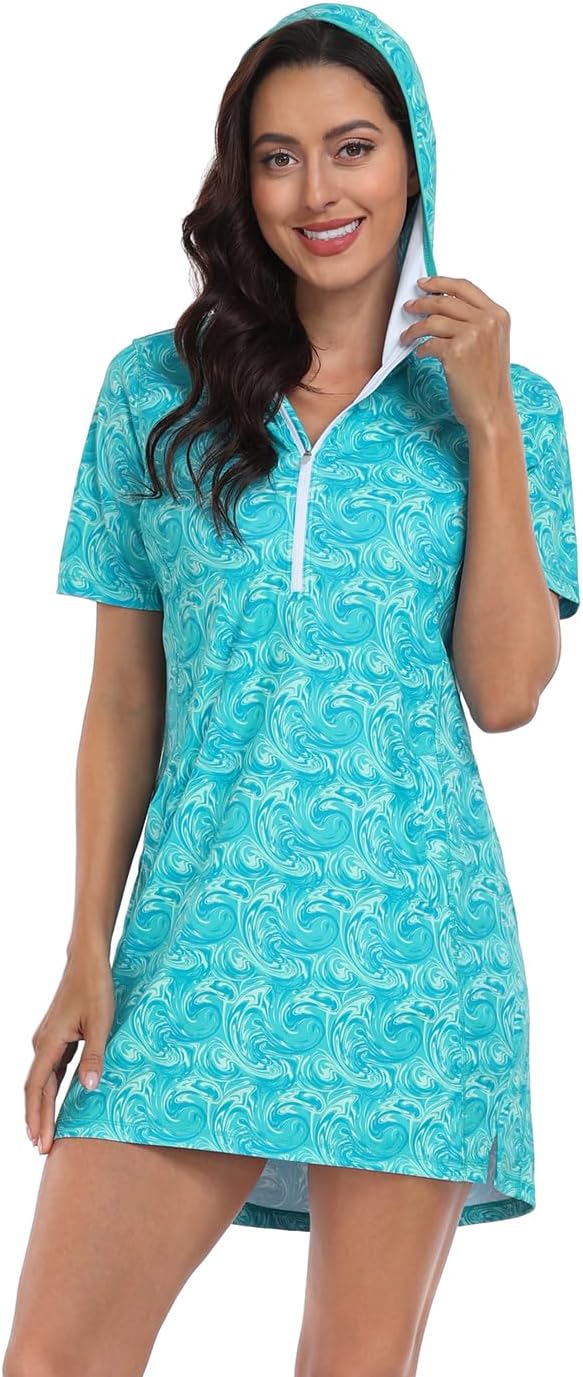 HDE Women's Short Sleeve Beach Coverup Dress with Hood UPF 50 Swim Cover Up - Image 2