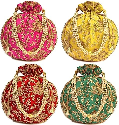 Red Wings Womens/Girls Silk Ethnic Rajasthani Potli Bag, Cluthes, Lehenga Potli Bags for Women (Pack of 4)