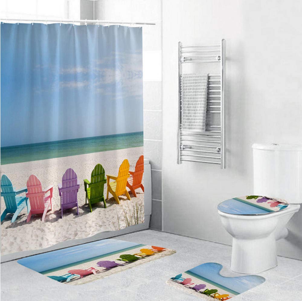 DHYWGS Shower curtain set Beach sunshine Colorful chairs printing Bathroom curtain Non-slip mat Toilet mat Bathroom decoration waterproof-180cm+45cm*75cmd