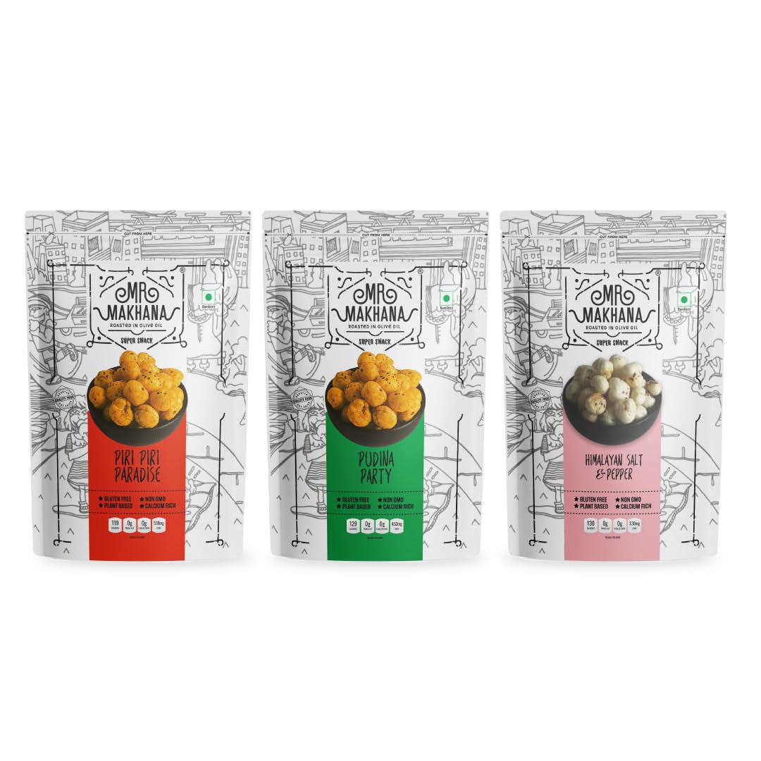 Mr. Makhana Roasted Makhana & Foxnuts : Piri Piri Paradise, Pudina Party, Himalayan Salt & Papper (Pack of 3x60 gm) | Gluten Free | MSG Free | Roasted in Olive Oil | Rich Calcium… (B07J487SFK) Amazon Price History, Amazon Price Tracker