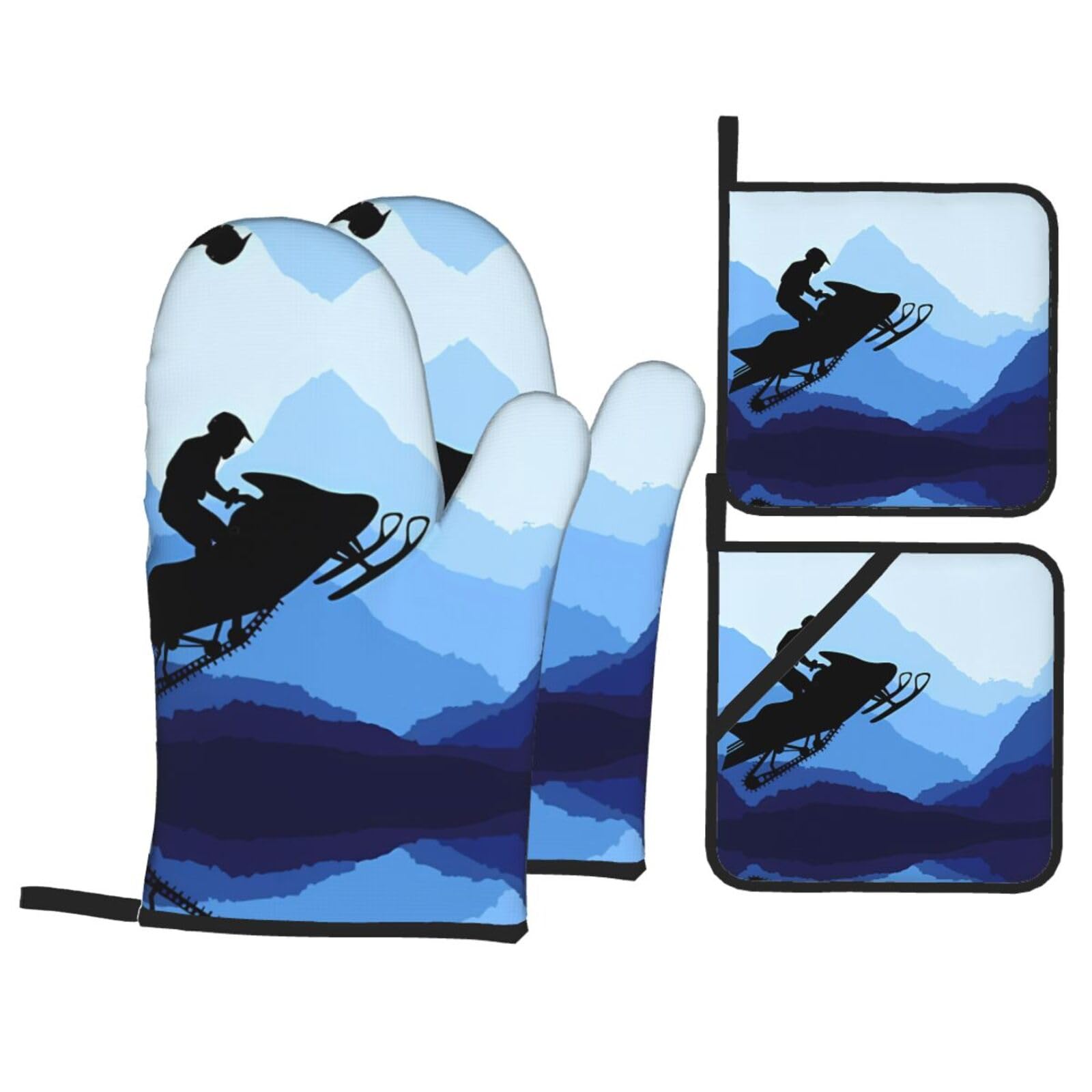YYHHAOFA Snowmobile Prints Kitchen Baking Set with Heat Resistant Pot Holders & Oven Mitts - Waterproof Layers for Cooking, Grilling & Serving, Includes Pocket Layer
