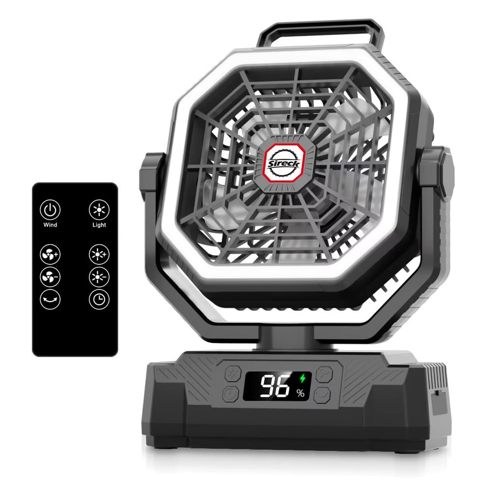 Sireck Ventilatore da campeggio da 40000 mAh, ventilatore personale portatile alimentato a batteria da 25,4 cm, con telecomando, lanterna LED, 5 velocità, timer, display digitale, ventilatore da