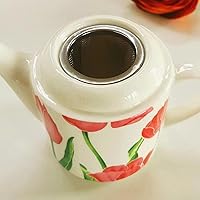 Vista 6 de Juego de té de cerámica para dos, tetera de 13.6 onzas con infusor, hervidor apilado, dos tazas y platillo con patrón de flores pintadas a mano