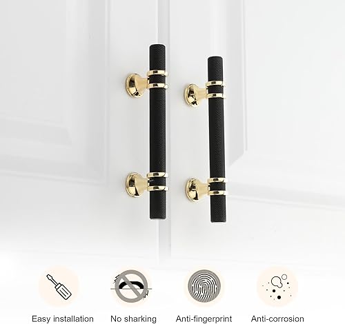 Miniatura 5 de Haliwu Paquete de 6 tiradores de gabinete negros y dorados, tiradores de gabinete moleteados de 3 pulgadas, manijas de gabinete negras de gabinete