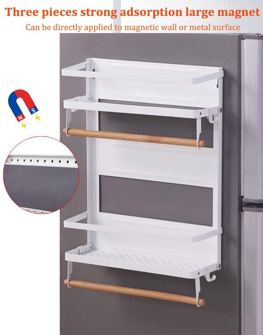 Magnetisches Gewürzregal für Kühlschrank, faltbar, Küche, magnetisch, mit Holzhalter, Weiß