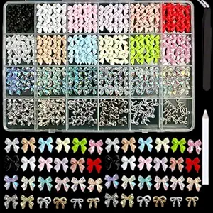Kawaii Color Bow Nail Charms Kit, 3D Gold Silver Bows Nail Art Charms, Cute Pink Bowknot Charms for Nails Design DIY Decoration with Pickup Tools