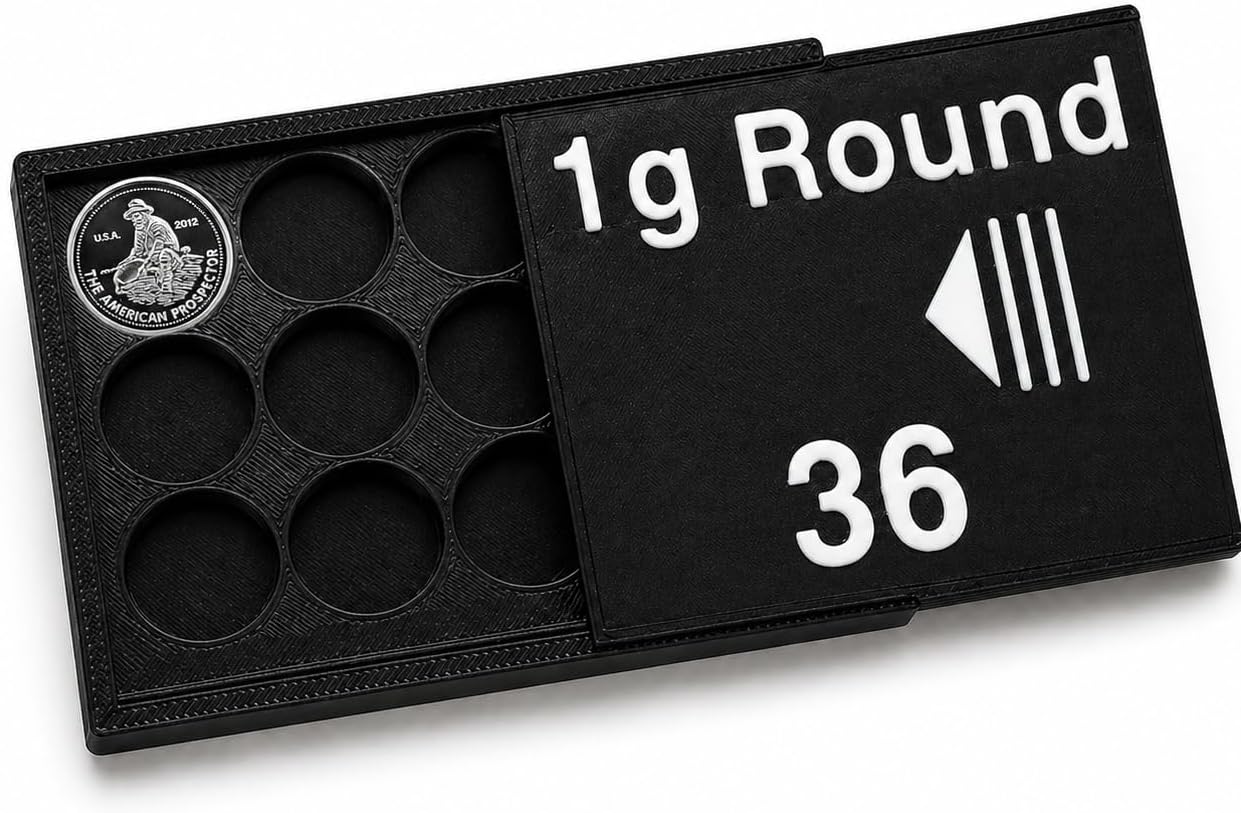 Bullion Storage Case for 1g Rounds - Holds 36 Gold Silver Platinum Rounds - 15 mm Precision Holder with Sliding Cover - Compact Organizer (1 Silver Round Included)