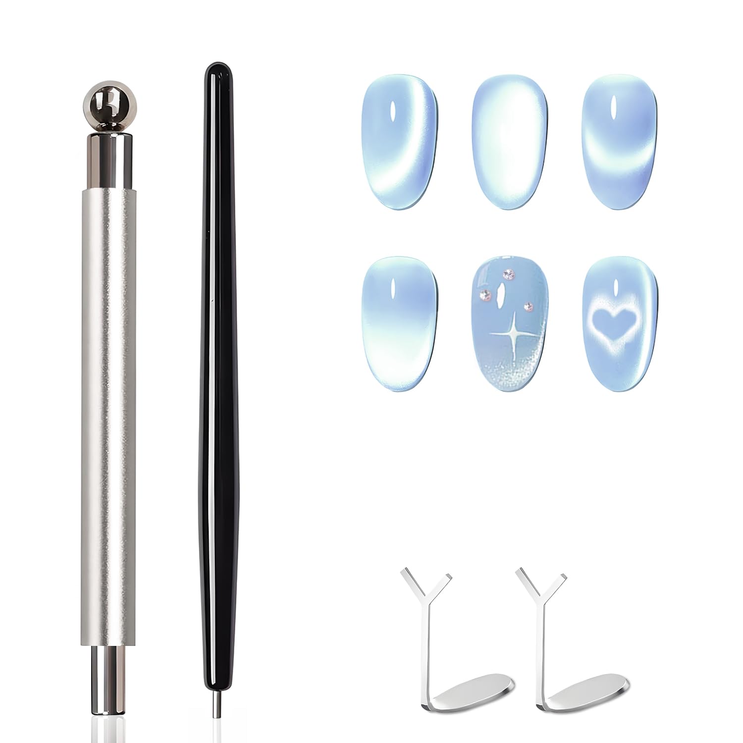 4-Piece Cat Eye Magnet Set Silver Dual-Ended Nail Magnet With Round Bead Heart Nail Magnets for Nail Art