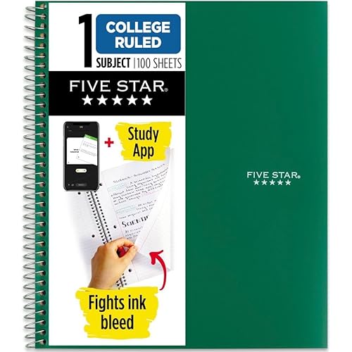 Five Star Spiral Notebook Plus Study App, 1 Subject, College Ruled Paper, 100 Sheets, 8-1/2" x 11", Forest Green (72055)