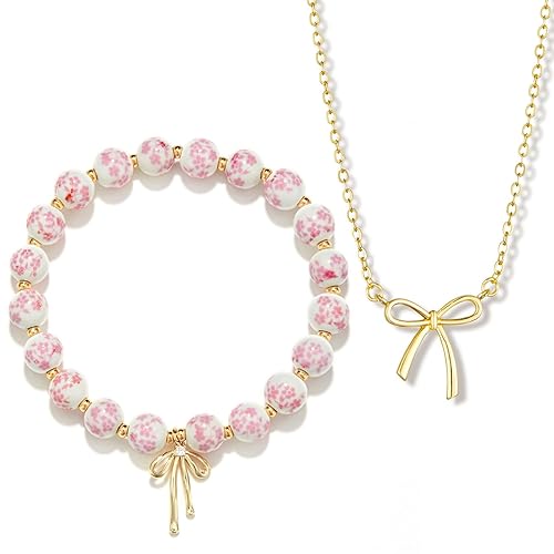 Bow Bracelet Necklace Set 14K Gold Beaded Bracelet Dainty Bow