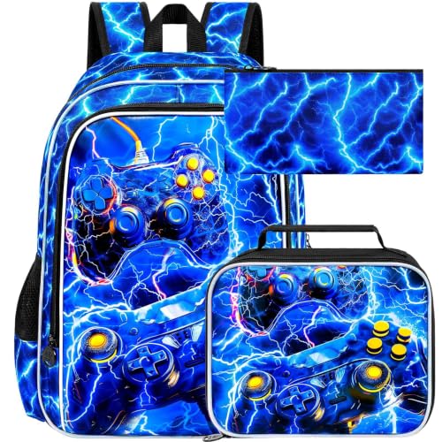 Image of 3Pcs Gamer Backpack for Boy, 17 inch Lightning School Bookbag for Elementary Preschool Kindergarten, Kids School Thunder Backpacks with Lunch Box (Blue)