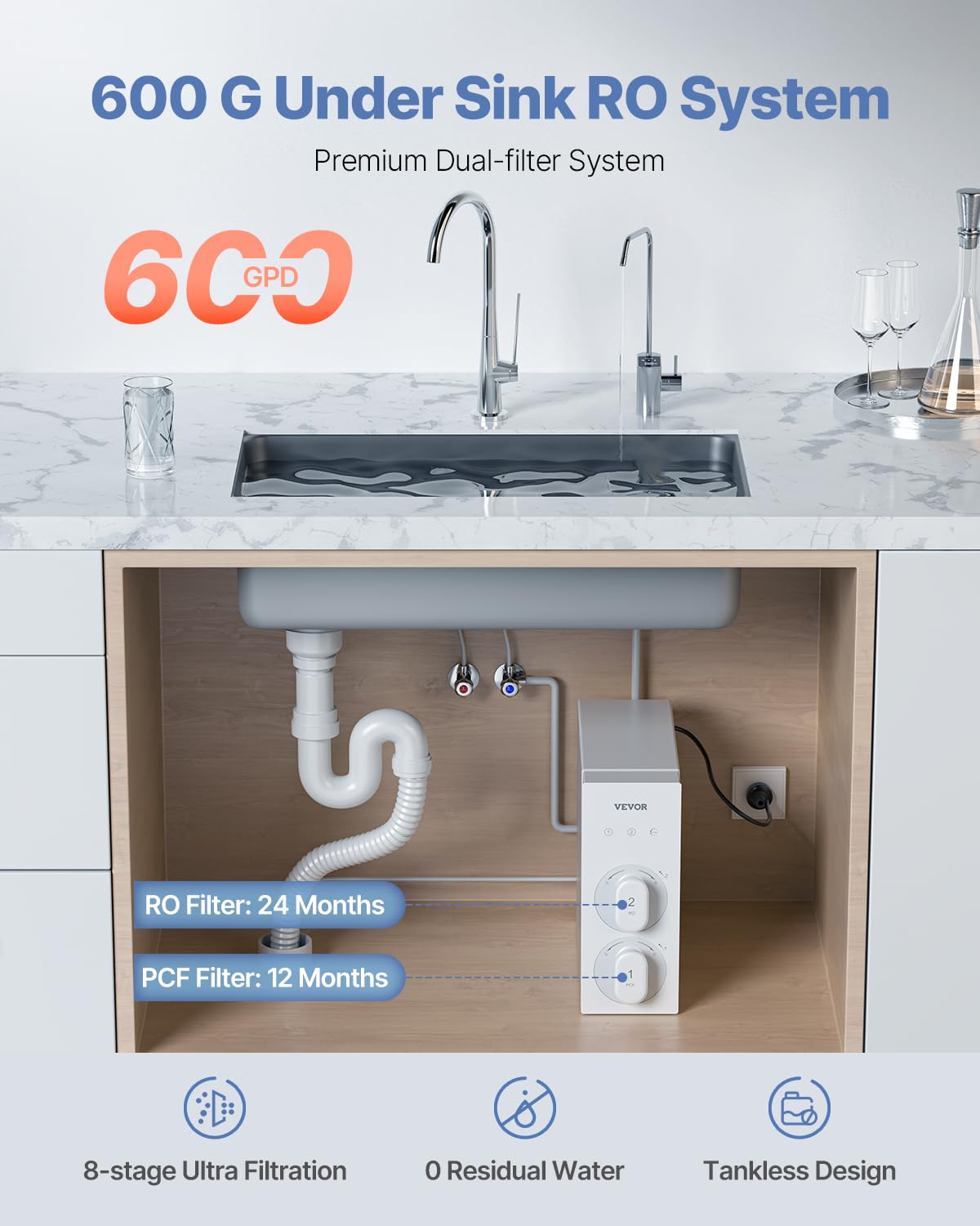 VEVOR System odwróconej osmozy, 600 GPD 8-stopniowy bezzbiornikowy filtr wody odwróconej osmozy, redukcja TDS z certyfikatem NSF, system filtracji wody pod zlewem z inteligentnym kranem, stosunek