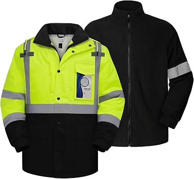 TCCFCCT Hi Vis Rain Suits for Men With Zippered Detachable Fleece Liner, Waterproof Reflective Safety Rain Jacket for Cold Winter, High Vis Raincoats for Men with Black Bottom, 15RYLR-Yellow 2XL