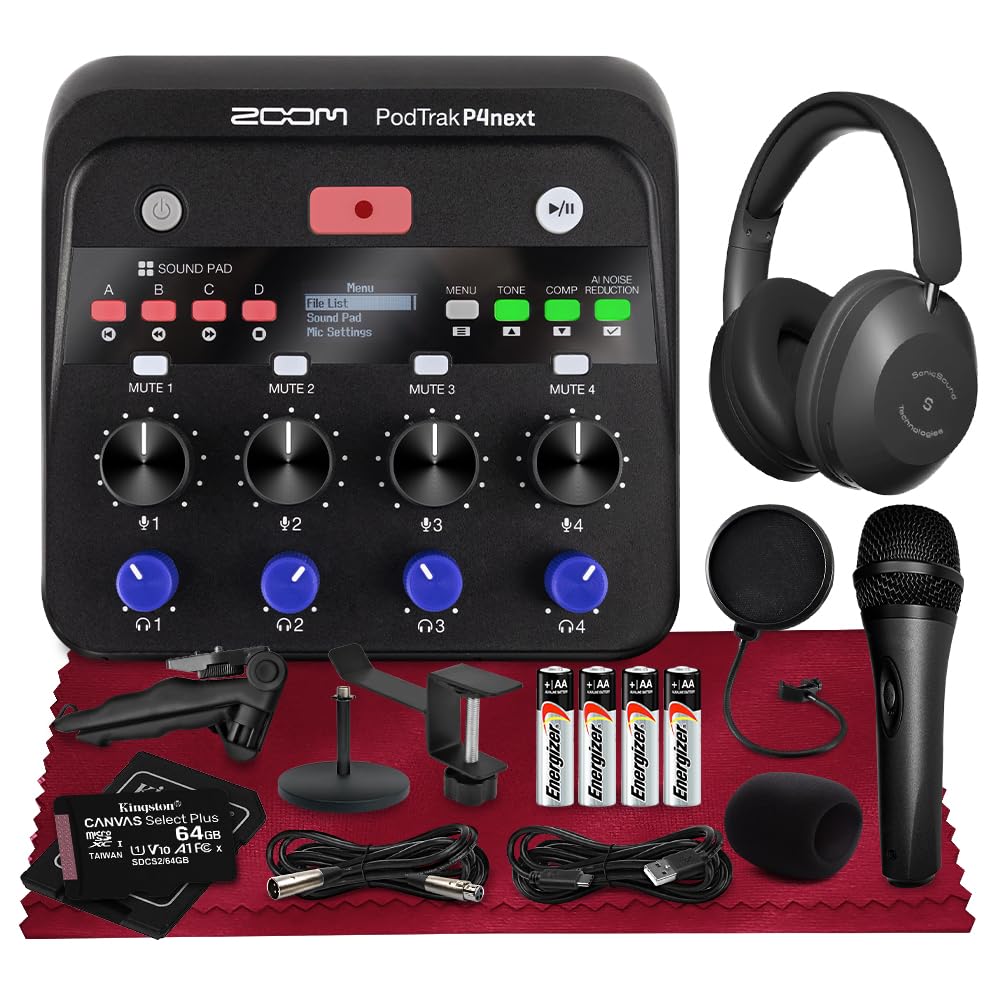 Zoom PodTrak P4next - Registratore audio multitraccia portatile, con 4 ingressi microfono, microfono portatile, cuffie, supporto per microfono, filtro pop per interviste, registrazione remota degli