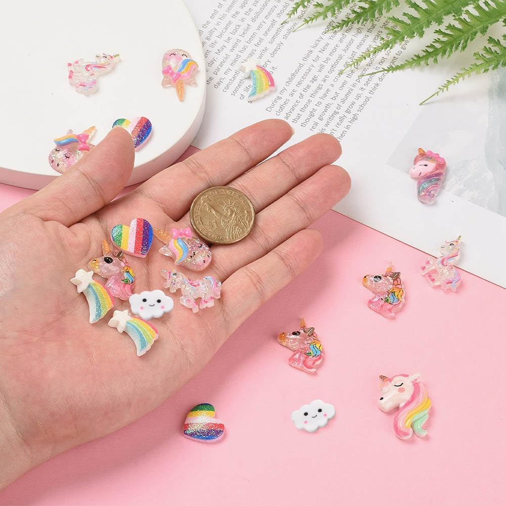 SUNNYCLUE 80Pcs 8 Styles Unicorn Rainbow Theme Resin Heart Flatback Cabochons Glitter Sequin Beads for Jewelry Making Craft Supplies DIY Phone Case Decor Embellishments Hair Costume Accessories image 3