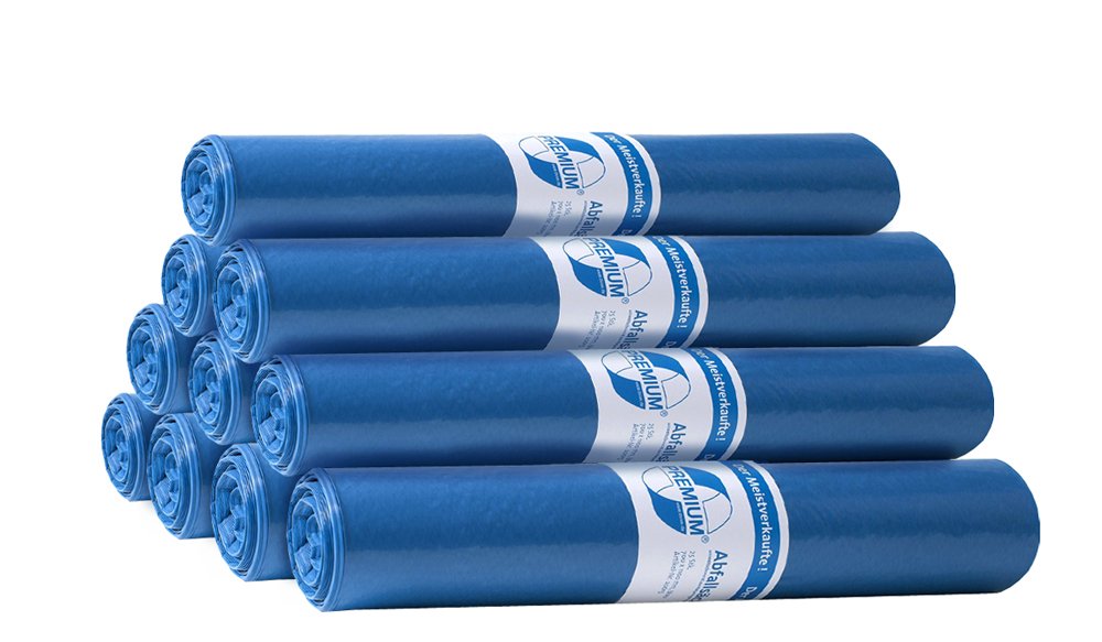 10er Set Deiss 20013 – Premium – 120 litri Sacchi Rifiuti tipo 60 Blu – 25 pezzi per ogni rotolo/LDPE/Emil Deiss riciclato/sacchi rifiuti/Tipo 60