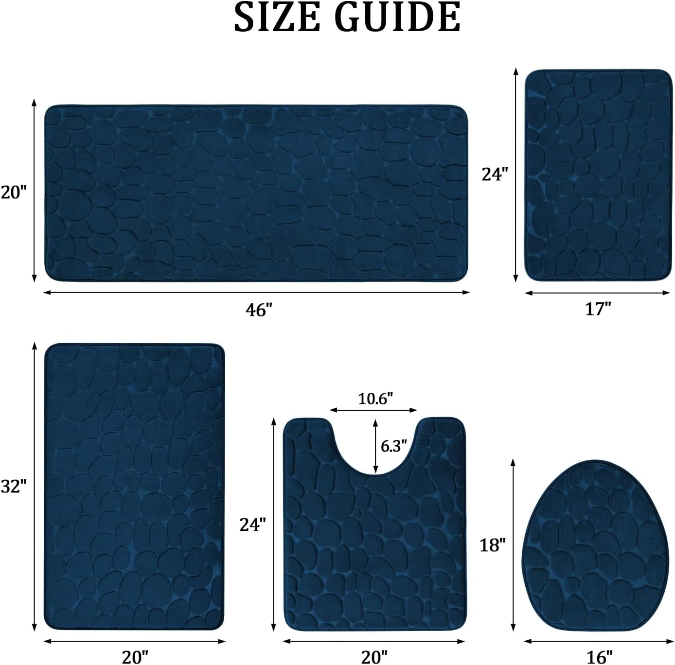 YIHOUSE Bathroom Rugs Mat Set 5 Piece Dark Blue, Memory Foam Bath Mats Sets, Non Slip Water Absorbent Washable Bath Rugs for Sink, Toilet and Floor - Image 2