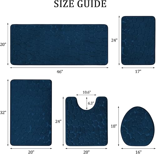 Vista 2 de YIHOUSE Juego de 5 tapetes de baño de espuma viscoelástica, color azul oscuro, antideslizantes, absorbentes de agua, lavables, para fregadero