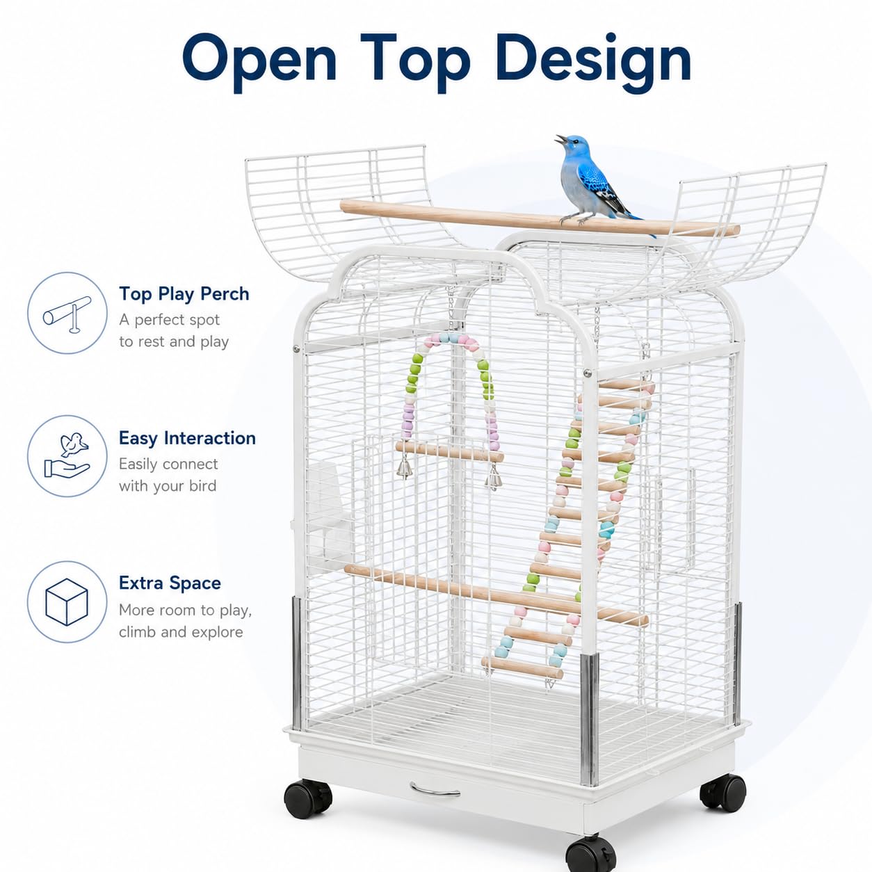 Grande cage à oiseaux avec double toit à ouverture et bol amovible, cage pour perroquet avec balançoires, armatures d'escalade, mangeoires et abreuvoirs, 48 x 45 x 95 cm (blanc)