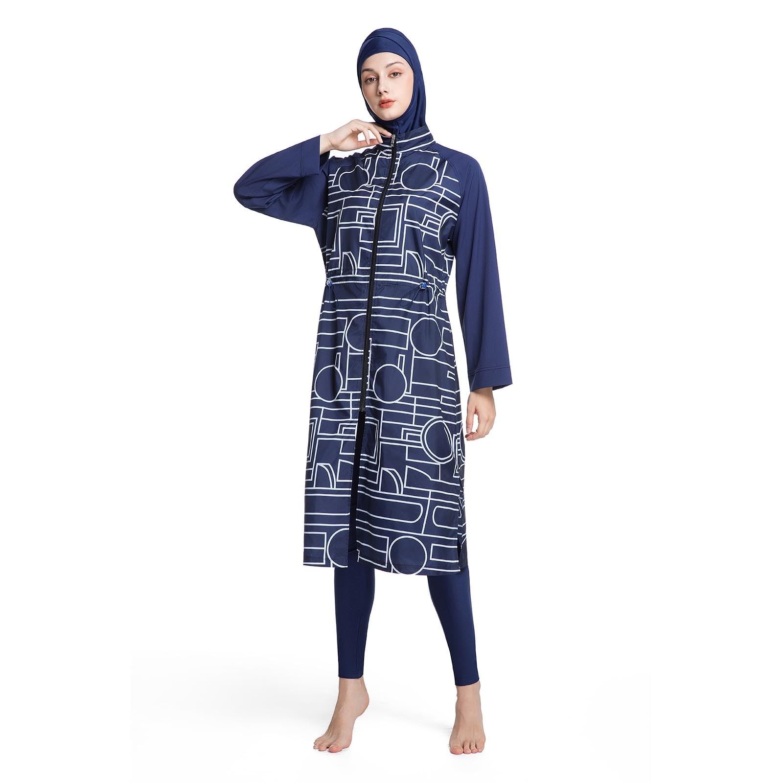Generisch Badeanzug Damen Muslim Große Größen 3tlg Set Rash Guard Langarm Ganzkörper Schwimmanzug Schwimmkleid + Schwimmhose + Hijab Badeanzug Islamische Schwimmkleidung UV Schutz