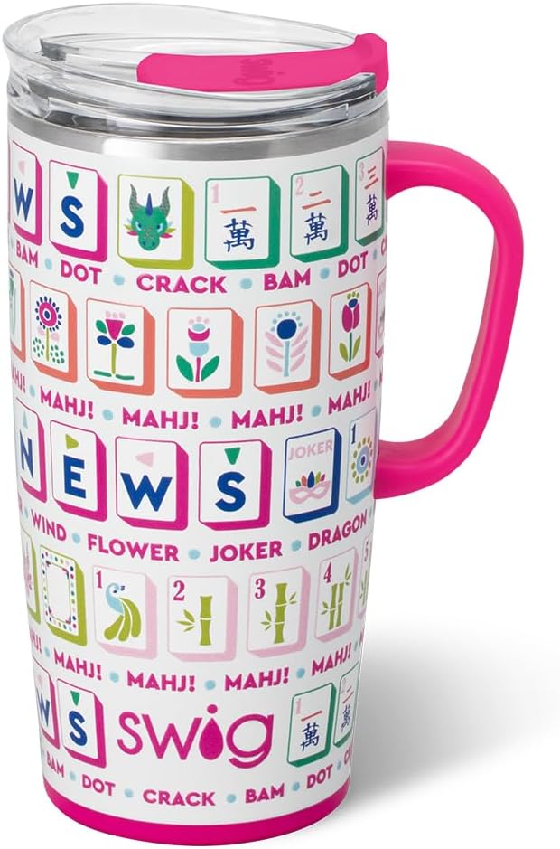Swig Life 22oz Travel Mug, Insulated Tumbler with Handle and Lid, Travel Coffee Mug, Cup Holder Friendly, Stainless Steel 22 oz Tumbler, Reusable Insulated with Lid (Mahjong)