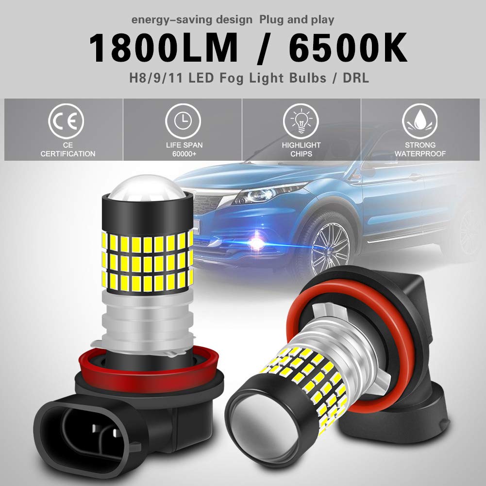 Lampadine H11 H8 H9 LED Xenon White 1800LM 3014SMD Chipset 78-EX con obiettivo Proiettore per luce di marcia diurna Luce per guida automobilistica, 6500K, 12-24V (2-Pack)